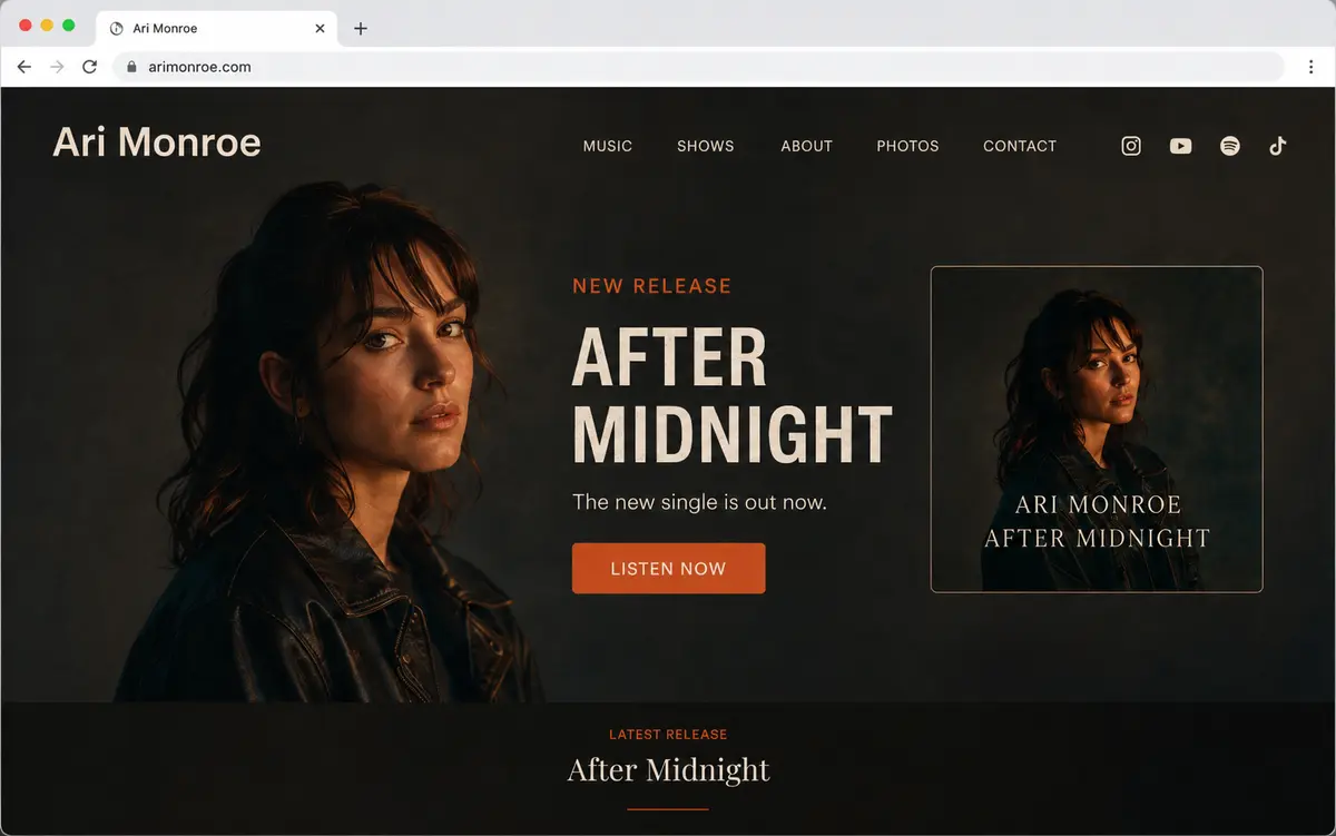 Fictional artist Ari Monroe website concept after the redesign